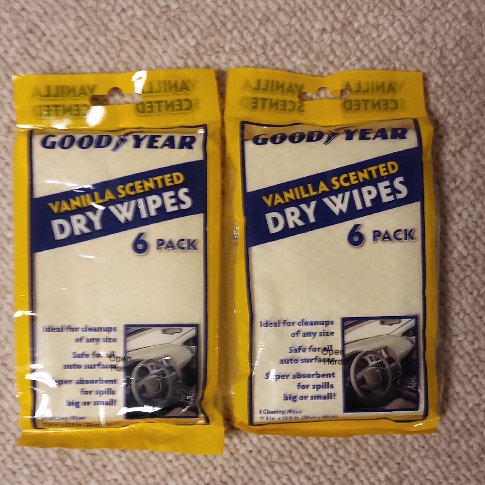 Lot of 2 Goodyear Vanilla Scented  Dry Wipes each  6 Pack resusable new sealed